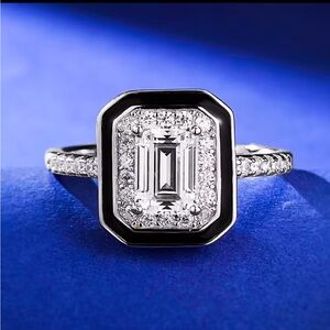 S925 Sterling Silver Black Enamel Square Cubic Zirconia Ring Statement Piece